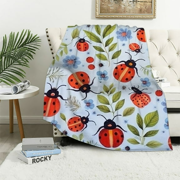 BCIIG Ladybug Floral Blanket Gifts Super Soft Lightweight Flannel Blankets Throw for Kids, Adult, Suitable for Couch, Sofa, Bed, Camping, Travel All Seasons  50x60in