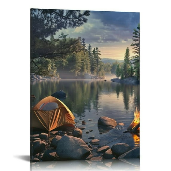 BCIIG Lake Campfire Tent Fine Art Aesthetic Poster & Print Wall Painting for Living Room Bedroom Home Office Wall Decor 16x20 in