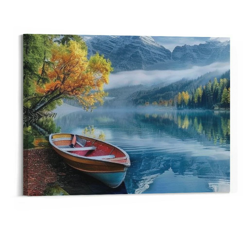 BCIIG Lake Canvas Wall Art Blue Mountain Sky Nature Landscape Boat ...