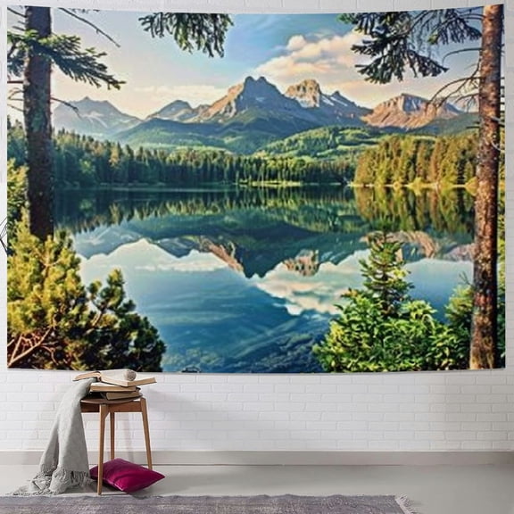 BCIIG Lake Mountain Scenery Tapestry Wall Hanging, Nature Forest Plant Trees Pictures Art Wall Tapestries Blanket for Bedroom Living Room Dorm Decor 40x60inch