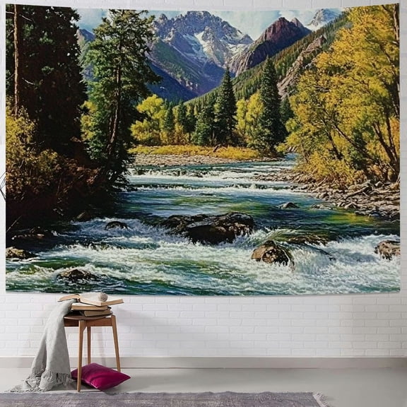 BCIIG Landscape Tapestry, Mountains of Colorado with Forest and River Summer Foliage Idyllic Photo, Wide Wall Hanging for Bedroom Living Room Dorm, 60x50inch
