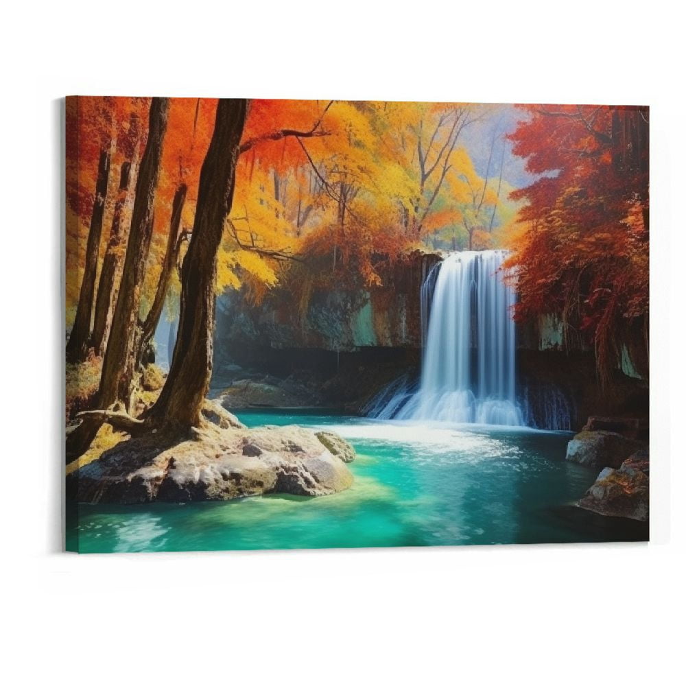 BCIIG Large Waterfall Canvas Wall Art Red Tree Forest Autumn Landscape ...