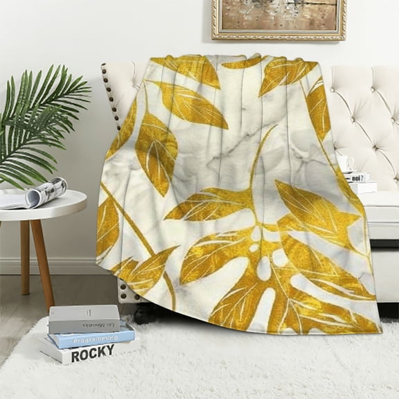 BCIIG Leaf Pattern Gold Warm Lightweight Soft Fleece Blanket Sofa Decor All Seasons Bed 50x60in