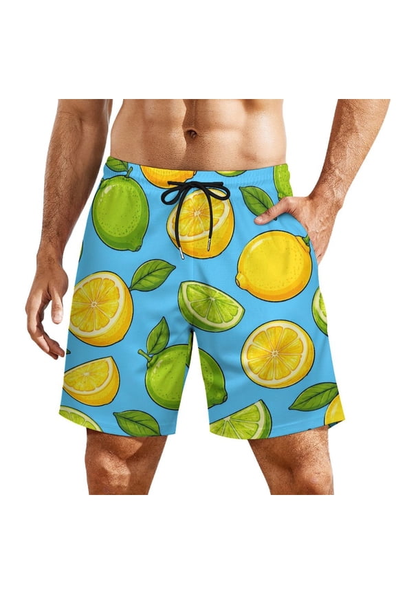 Lemon Lime Citrus Fruit Men's Beach Shorts, Breathable Mesh Lining Quick Dry with Pockets, Casual Swimwear for Adults,