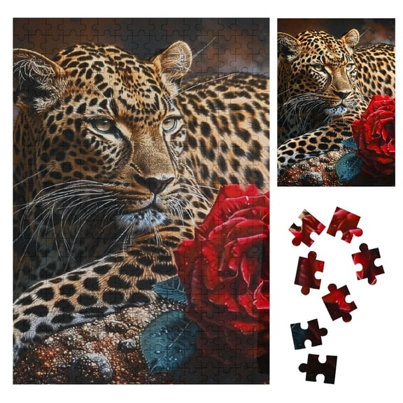 BCIIG Leopard Rock Rose Wooden Jigsaw Puzzle Vertical Style Family Friends Gift Packaging Size 300PCS