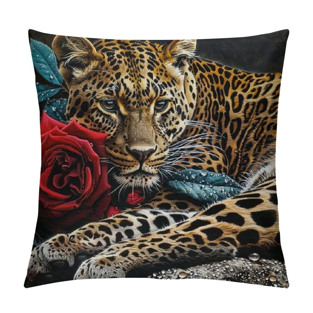 BCIIG Leopard Throw Pillow Cover, Red Rose Pillow Cover Safari Animals