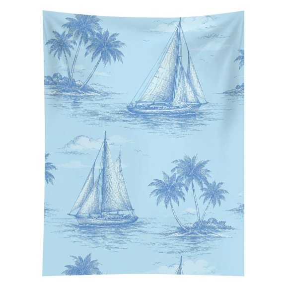 BCIIG Light Blue Engraving Sailboat Tropical Island Palm Tree Ocean Seamless Pattern Tapestry in Green Fields, Polyester Printed Wall Hanging, Suitable for Bedroom, Dormitory and Living Room, Aesthet