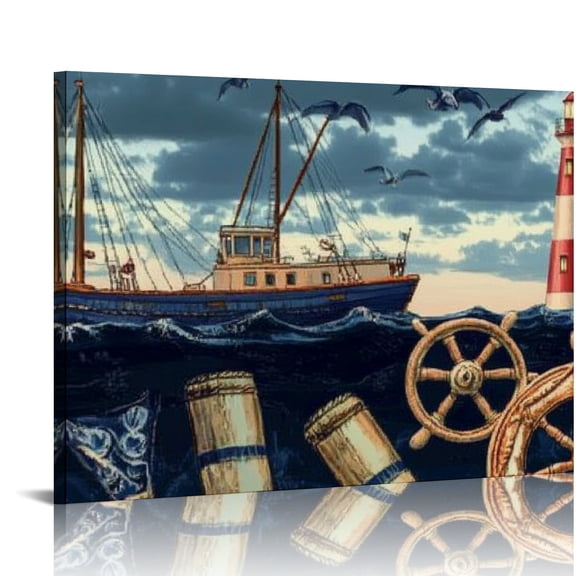 BCIIG Lighthouse Boat Wheel Canvas Print for Living Room Bedroom Home Office Wall Decor, High-Resolution Artwork, Handmade Quality Framed Wall Art 20x16in