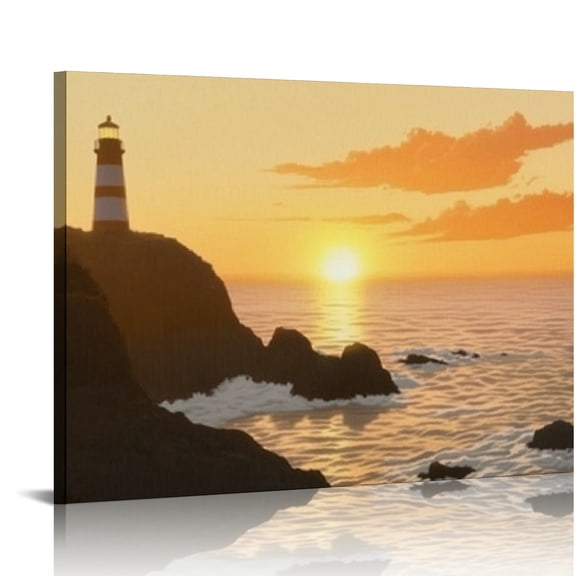 BCIIG Lighthouse Sunset Rockyshore Canvas Art Print Ready to Hang Wall Decor for Living Room Bedroom Home Office 20x16in