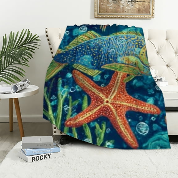 BCIIG Lightweight Soft Flannel Blanket for All Seasons - Fish Starfish Design 40x50in