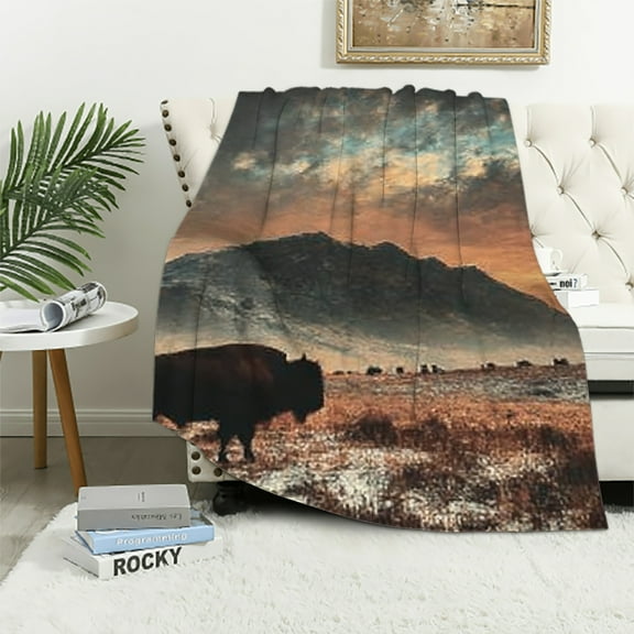BCIIG Lightweight Soft Flannel Throw Blanket for All Seasons - Bison Mountain Sunset 60x80in