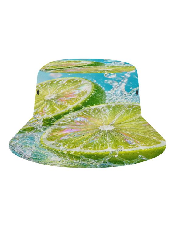 Lime Slice Splash Bubble Pattern Bucket Hat, Soft, Printed, Packable Fisherman Sun Hat for Beach Travel Hiking Vacation, Sun Hat for Women Men,