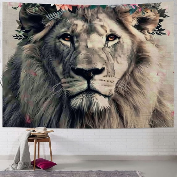 BCIIG Lion Flower Crown Art Tapestry Wall Hanging Unique Style for Home Wall Decor - Graphic Tapestries for Living Room Bedroom Dorm 50x40inch