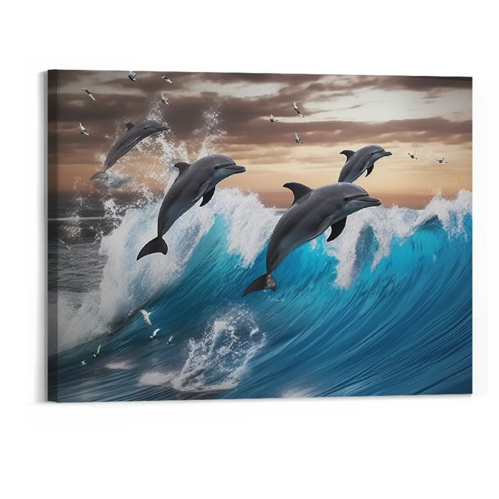 Blue Waves and Dolphins Landscape Canvas Wall Art