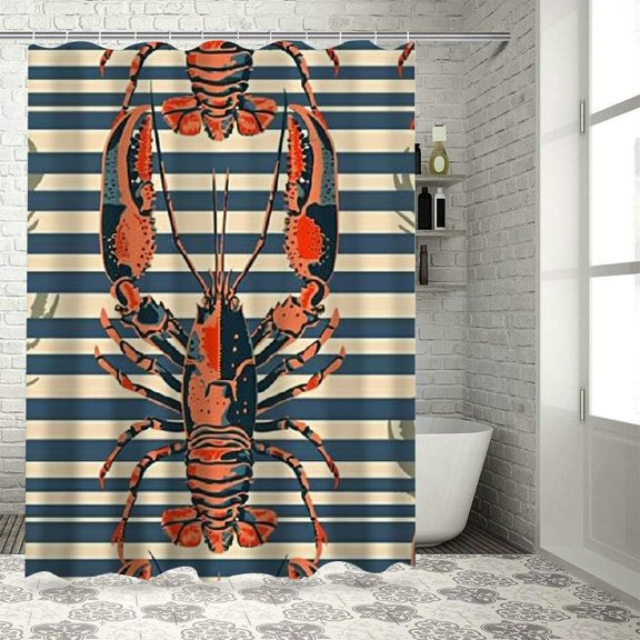 BCIIG Lobster Stripes Pattern Bathroom Decor Set with Hooks - Colorful Luxurious Graphic Print Polyester Fabric Shower Curtain Set 36"x72