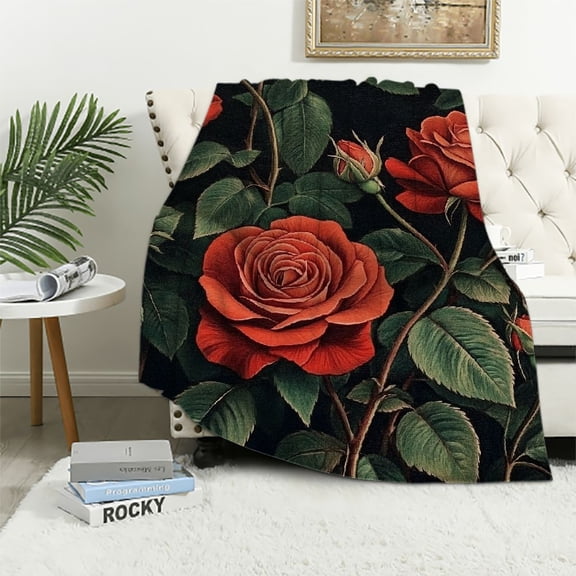 BCIIG Luxurious Flannel Blanket with Rich Red Roses and Lush Green Leaves Pattern, 40x50in
