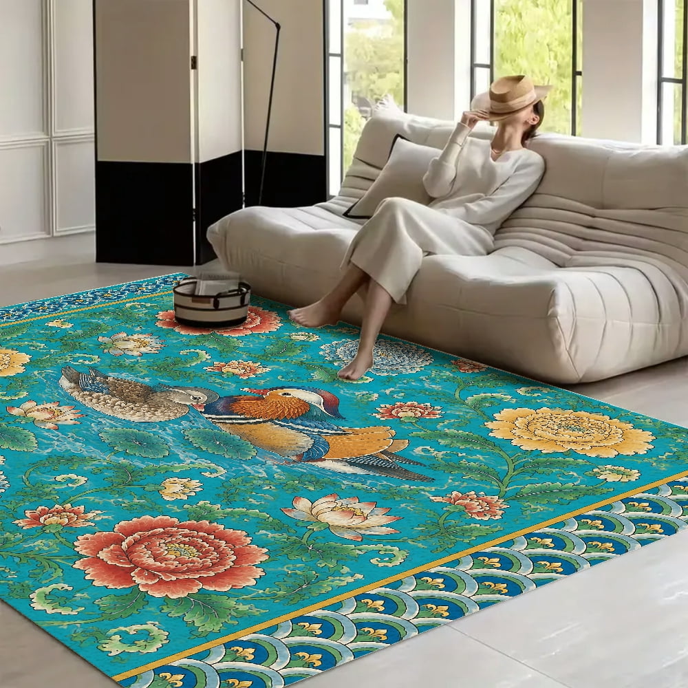 BCIIG Mandarin Ducks Peony Panel Velvet Area Rug Non‑Slip Indoor Floor ...