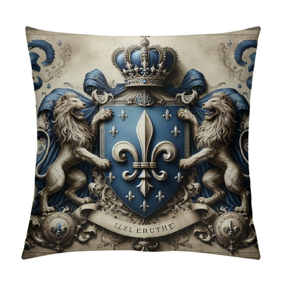 BCIIG Medieval Throw Pillow Cushion Cover, Heraldic Design from Middle Ages Coat of Arms Crown Lions and Swirls, Decorative Square Accent Pillow Case,