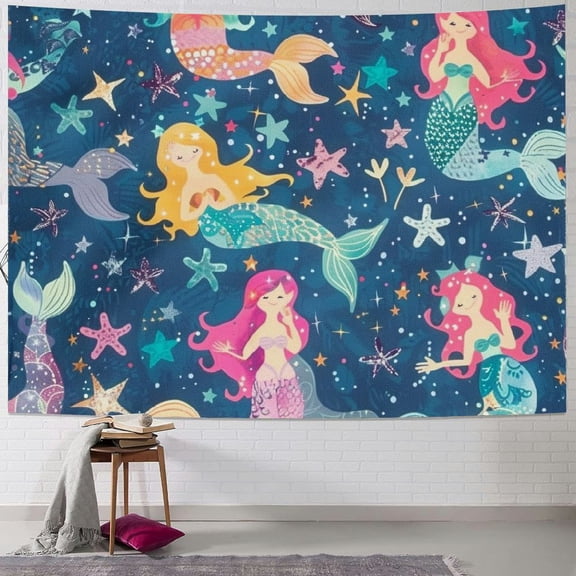 BCIIG Mermaids Stars Silk Screen Tapestry Wall Hanging Unique Style for Home Decor, Graphic Tapestries for Living Room Bedroom Dorm, 4 Sizes Available 40x30inch