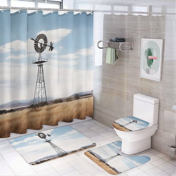BCIIG Metal Windmill in Open Field with Distant Mountains Shower Curtain Set 4 Piece with Soft Bathroom Rugs, Carpet, Toilet Seat Cover Pad and Anti-slip U-shaped Pad