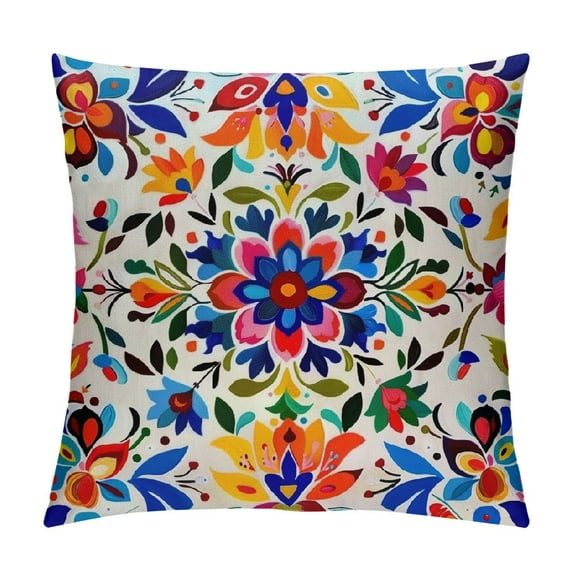 BCIIG Mexican Otomi FlowerThrow Pillow Cover Boho Colorful Bird Bright Decorative Pillow Case Cotton Linen Cushion Cover Decor 18x18 Inch Pillowcase for Home