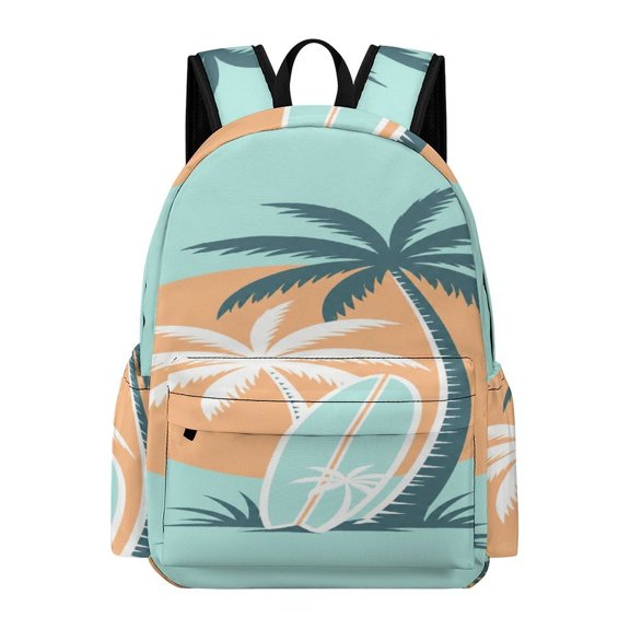 BCIIG Minimal Flat Surfboard Palm Tree Sunset Tropical Beach Illustration Seamless Pattern Printed Oxford Backpack, Large Capacity Laptop Backpack, Water Resistant, Travel Daypack for College Work C