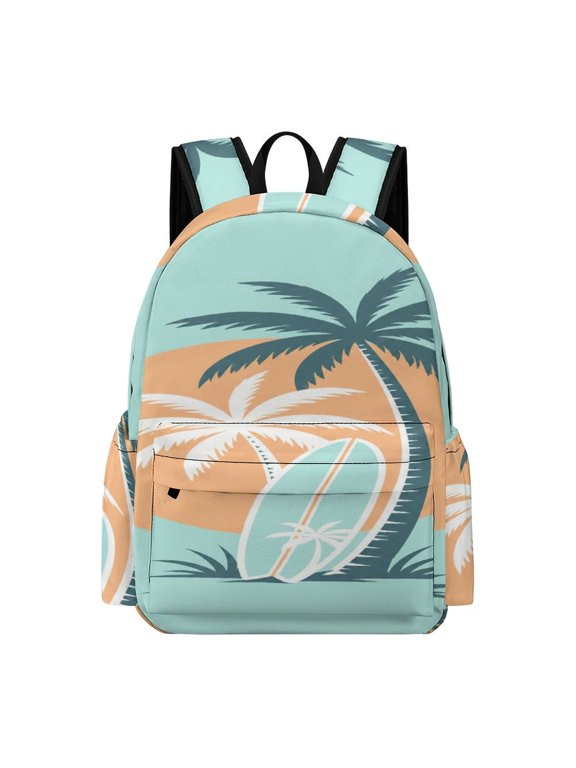 Minimal Flat Surfboard Palm Tree Sunset Tropical Beach Illustration Seamless Pattern Printed Oxford Backpack, Large Capacity Laptop Backpack, Water Resistant, Travel Daypack for College Work C