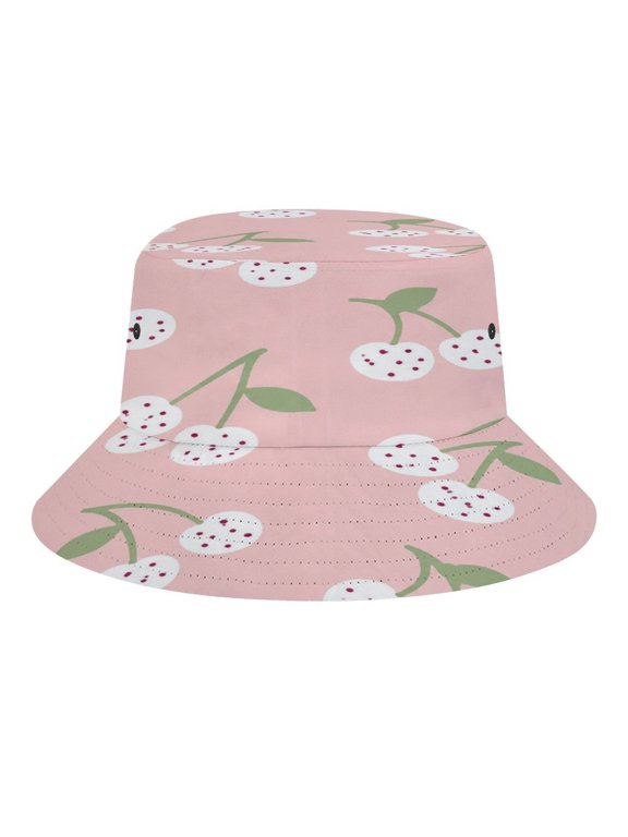 Minimal Pink Cherry Print Bucket Hat, Soft, Printed, Packable Fisherman Sun Hat for Beach Travel Hiking Vacation, Sun Hat for Women Men,