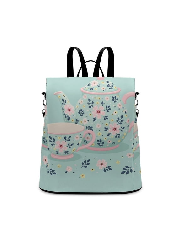 Mint Green Floral Teapot And Teacup Illustration Anti Theft Backpack, Purse for Women, Secure Back Zipper, Multi-Purpose Rucksack Backpack With Adjustable Strap, Womens Travel Backpack, Lightwe
