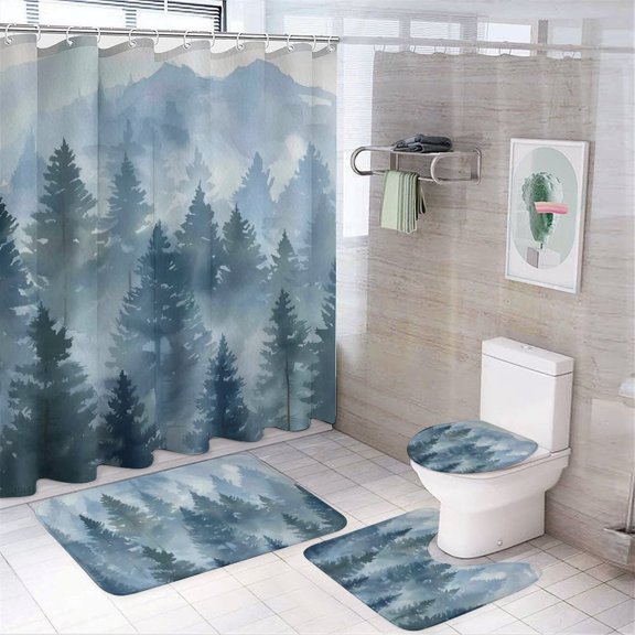 BCIIG Misty Evergreen Forest And Distant Mountains in Watercolor Shower Curtain Set 4 Piece with Soft Bathroom Rugs, Carpet, Toilet Seat Cover Pad and Anti-slip U-shaped Pad