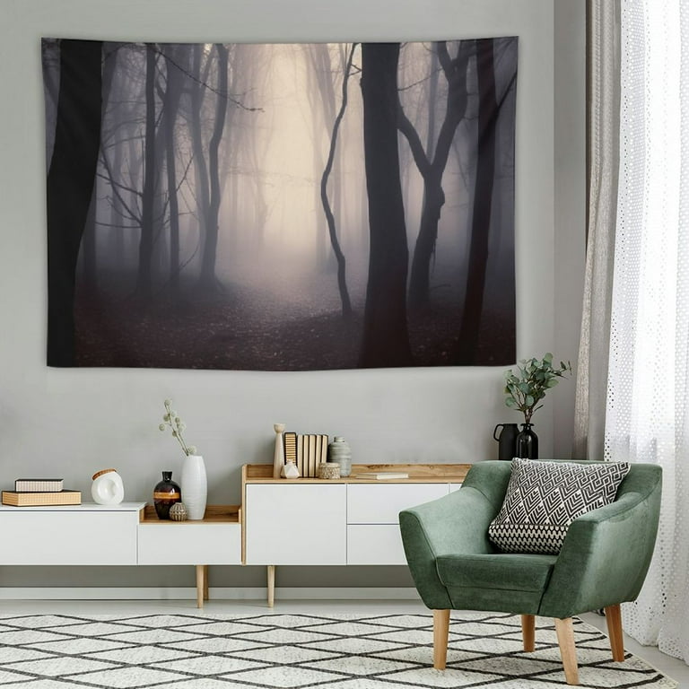 BCIIG Misty Forest Tapestry Wall Hanging Halloween Wall Tapestry for Bedroom Living Room Scary Fantasy Foggy Forest Backdrop Dark Fantasy Woods Landscape Gothic Decor Tapestry Black Large 60X40 In Wal...