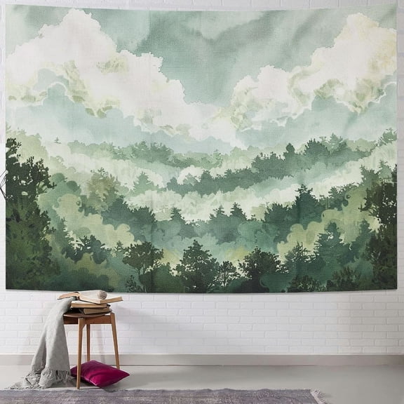 BCIIG Misty Mountain Tapestry Wall Hanging Foggy Forest Tree Nature Landscape Tapestries Green Watercolor Mountains Scenery Wall Home Decor for Bedroom Living Room Dorm,