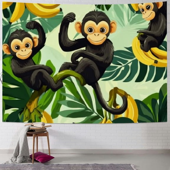 BCIIG Monkey Bananas Tapestry Wall Hanging For Kids Cute Zoo Animal Tapestry For Bedroom, Botanical Leaves Palm Leaf Wall Tapestry Nature Wildlife Tapestry Aesthetic 50x40inch