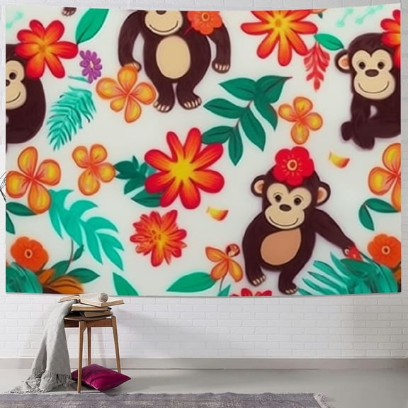 BCIIG Monkey Tapestry For Bedroom For Girls Kids Cute Flower Animal Tapestry Wall Hanging, Wild Animal Tapestry Botanical Flower Pattern Wall Tapestry 40x30inch