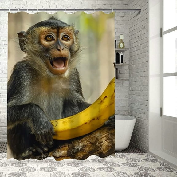 BCIIG Monkey Tree Branch Banana Bathroom Decoration Set with Hooks, Colorful Luxury Graphic Printed Polyester Shower Curtain, Waterproof Washable Curtain for Bathroom Decoration 36"x72
