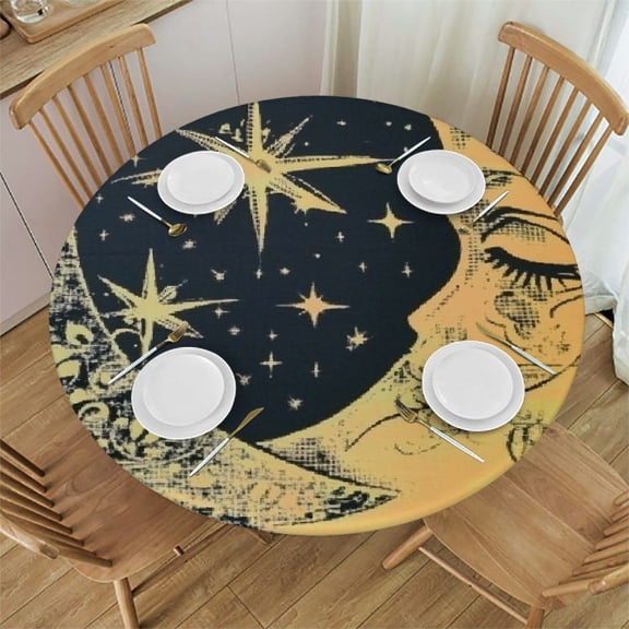 BCIIG Moon Stars Silk Screen Round Tablecloth Stain-Resistant Washable Indoor Outdoor Restaurant Wedding Party 100% Polyester Outdoor Fitted Waterproof Fabric 31"-35