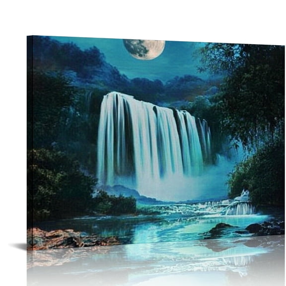 BCIIG Moonlight Waterfall Canvas Prints Wall Art Living Room Bedroom Home Office Decor Waterproof and Tear Resistant Set 20x16in