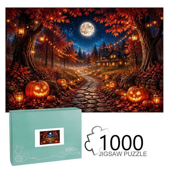 BCIIG Moonlit Pumpkin Path Autumn Woodland Wooden Jigsaw Puzzle, HD Printed Art Puzzle, Interactive Family Game, Wall Decor for Bedroom Living Room, Educational, Fun Gift for Adults and Family