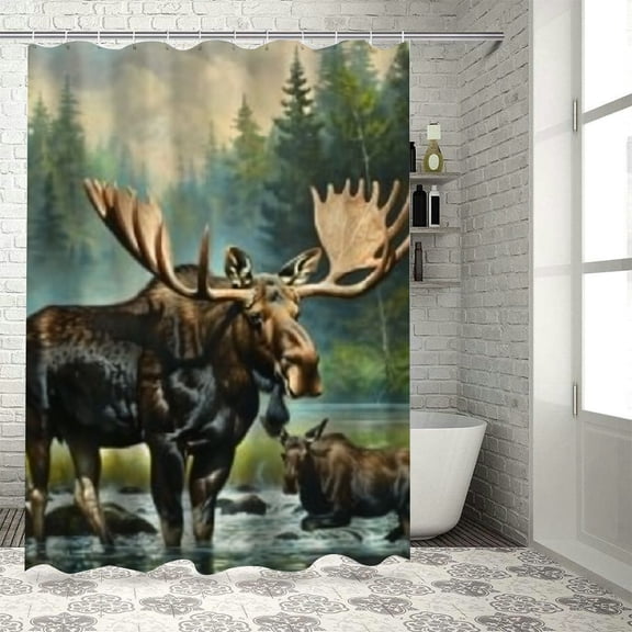 BCIIG Moose Bathroom Decor Set - Colorful Luxurious Graphic Print Polyester Fabric Fashion Shower Curtain Set with Hooks 36"x72