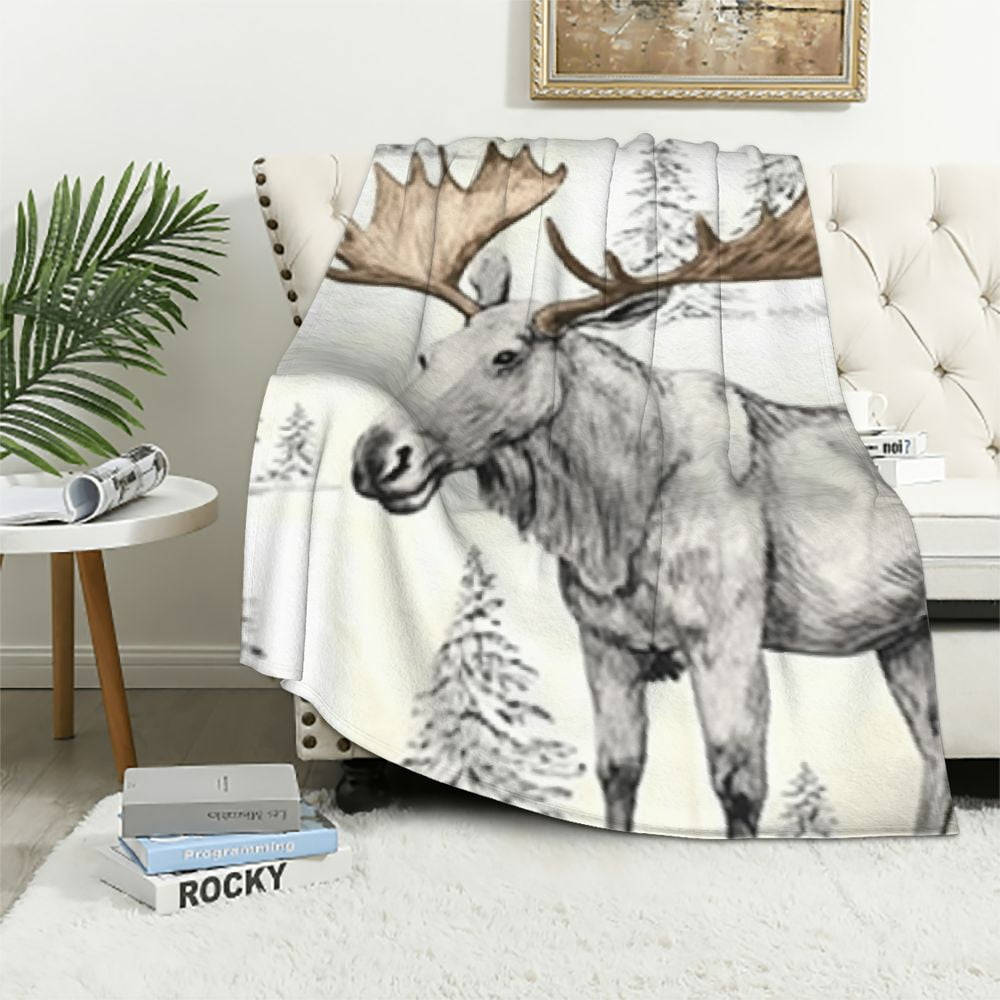 BCIIG Moose Fleece Blanket Wild Animal Theme Sherpa Blanket for Chair Sofa Couch Cartoon Moose Plush Throw Blanket Breathable Gray Wildlife Style