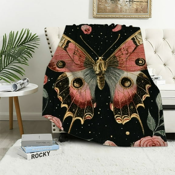 BCIIG Moth Moon Rose Blanket Witchy Vintage Butterfly Decor Throw Blanket Comfy Plush Flannel  Warm Soft Fluffy Fuzzy Blanket Gothic Gifts for Girls Boys Women Teens for Room Bed Sofa Couch   40x50in
