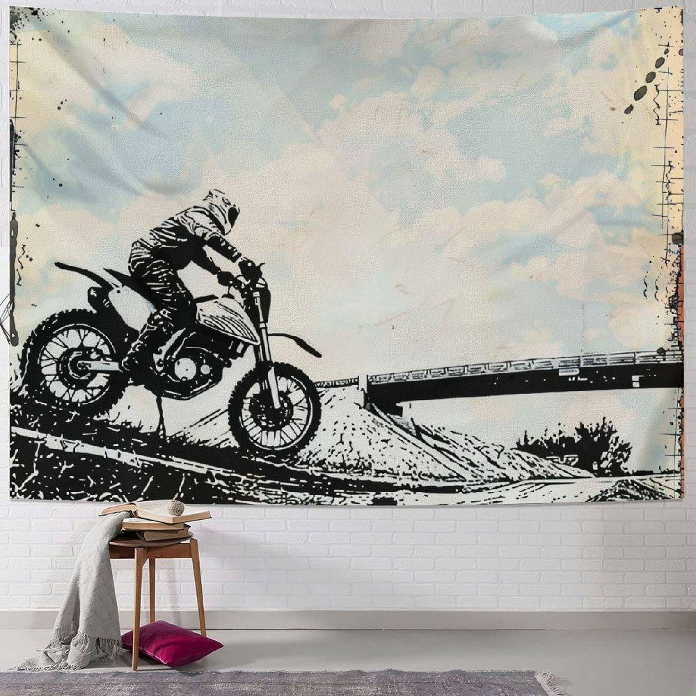 BCIIG Motorcycle Tapestry, Motocross Racer Image Grungy Background