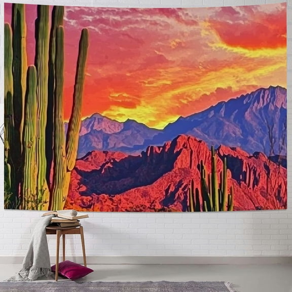 BCIIG Mountain Desert Cactus Tapestry Sunset Clouds Tapestries Psychedelic Tropical Plants Wall Tapestries Nature Scenery Tapestry Wall Hanging for Bedroom Decor 60x50inch