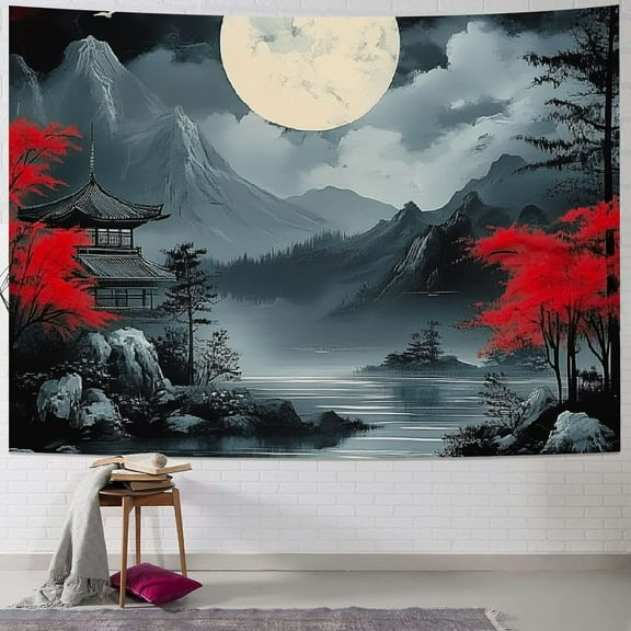 BCIIG Mountain Forest Nature Tapestry for Bedroom, Black and White Moon Landscape Wall Hanging, Tree Sunset Dark Large Asia  Tapestries Art Decor for Living Room College Dorm,  40x30inch