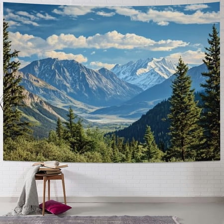 BCIIG Mountain Lake Backdrop Polyester Blue Sky White Clouds Pine Trees Forest Nature Landscape Background Photography for Outdoor Hiking Camping Travel Portraits Photo Booth Props 60x50inch
