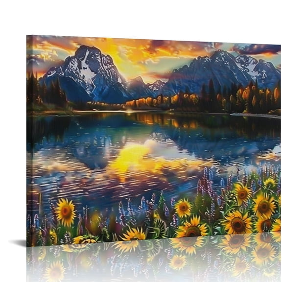 BCIIG Mountain Lake Sunflowers Sunset Canvas Prints Wall Art Living Room Bedroom Home Office Decor 16x12in