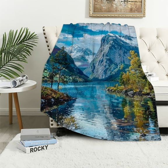 BCIIG Mountain Lake Trees Warm Lightweight Blanket Soft Fleece Throw Blanket All Seasons for Living Rooms Sofa Decor Cow Gifts, Plush Blankets for Year-Round Comfort 40x50in