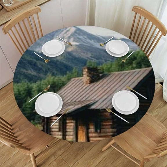 BCIIG Mountain Log Cabin Tree Round Tablecloth Stain-Resistant Washable 100% Polyester Home Decor 46"-50