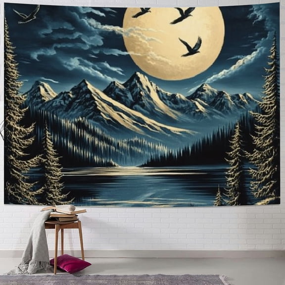 BCIIG  Mountain Moon Tapestry Forest Tree Tapestry Nature Landscape Tapestry Magical River Tapestry Vintage Aesthetic Tapestry Wall Hanging for Bedroom 50x40inch