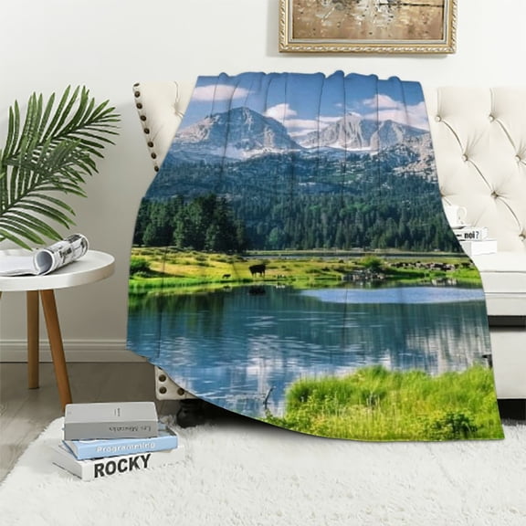 BCIIG Mountain Range Lake Cows Warm Lightweight Soft Fleece Throw Blanket Living Room Sofa Decor Gift All Seasons Blanket 40x50in